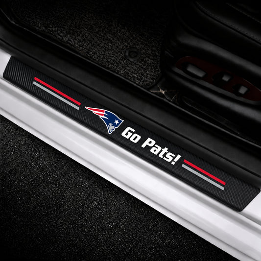 New England Patriots car door sill protector strips — vehicle installation view