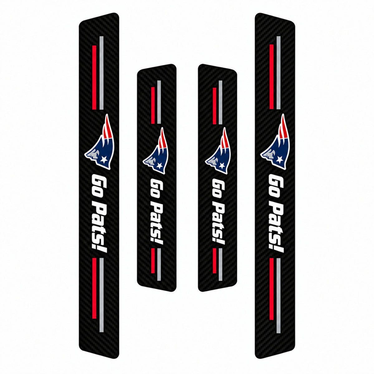 New England Patriots car door sill protector strips — four-piece product layout