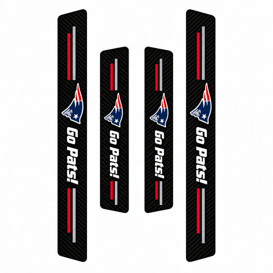 New England Patriots car door sill protector strips — four-piece product layout