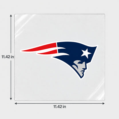 New England Patriots decorative sticker displayed on clear film with size markings