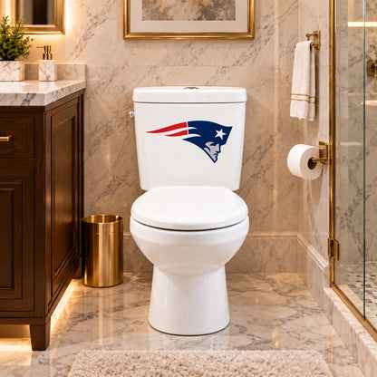 New England Patriots decorative sticker on a white toilet tank in a marble bathroom