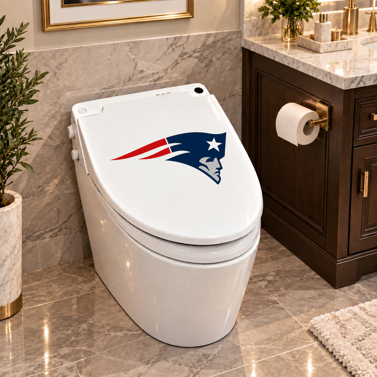 New England Patriots decorative sticker on a closed white toilet lid in a marble bathroom