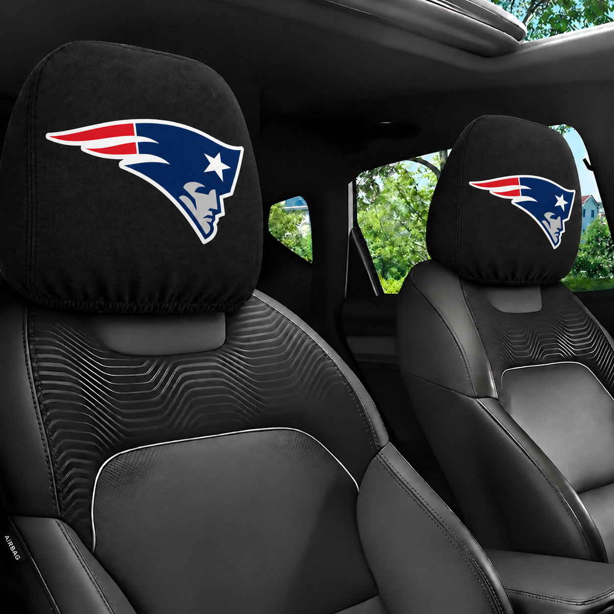 New England Patriots car headrest cover, Style 1 logo design, installed in car