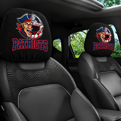 New England Patriots car headrest cover, Style 2 illustrated mascot design, installed in car