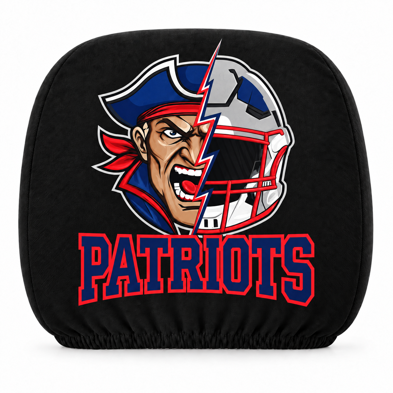 New England Patriots car headrest cover, Style 2 illustrated mascot design, white background