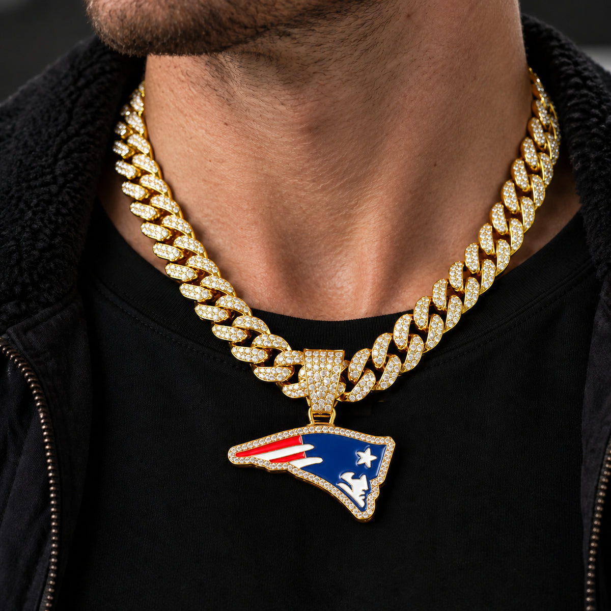 New England Patriots gold-tone rhinestone Cuban-link necklace, worn view