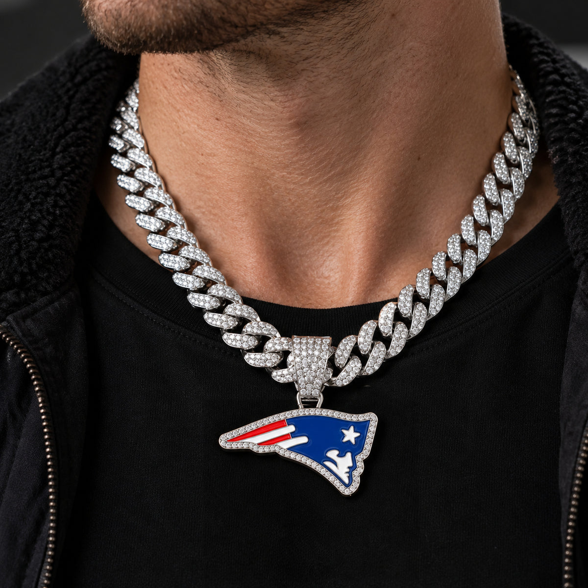 New England Patriots silver-tone rhinestone Cuban-link necklace, worn view