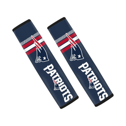 Pair of New England Patriots seat belt and backpack shoulder strap covers on a white background