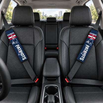 New England Patriots car seat belt covers shown on two front seat belts