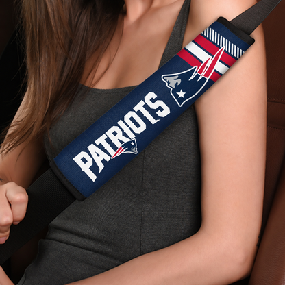 Close-up of New England Patriots shoulder strap cover worn on a car seat belt
