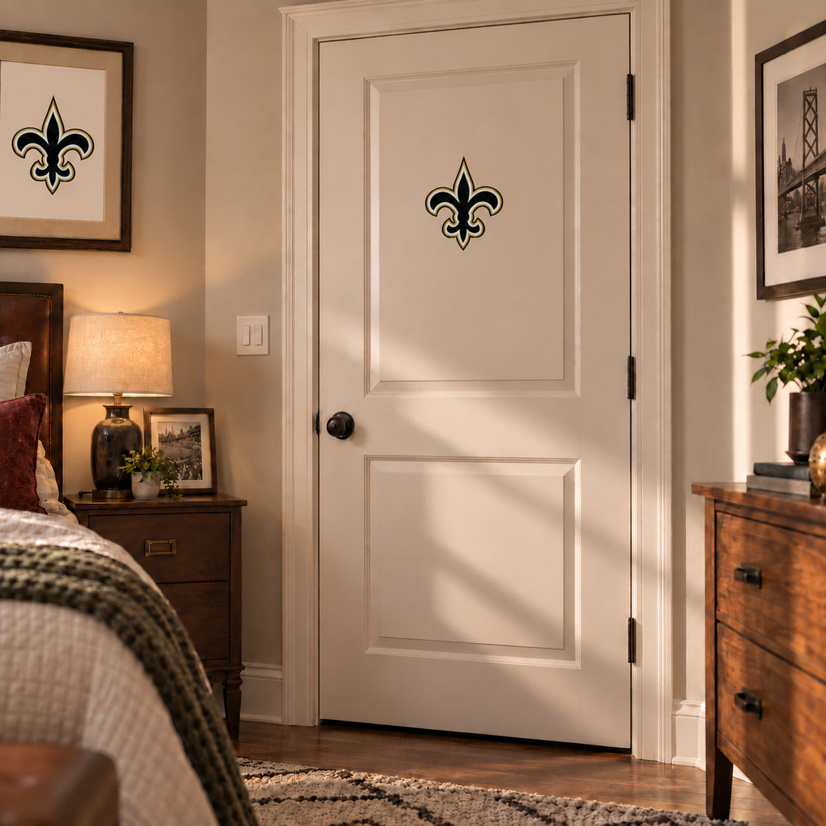 New Orleans Saints decorative sticker on an interior door, corrected 29 cm proportion