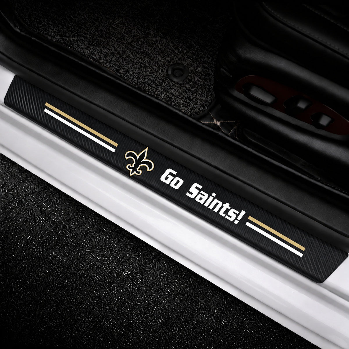 New Orleans Saints car door sill protector strips — vehicle installation view