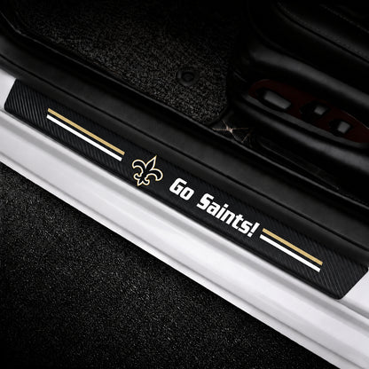 New Orleans Saints car door sill protector strips — vehicle installation view