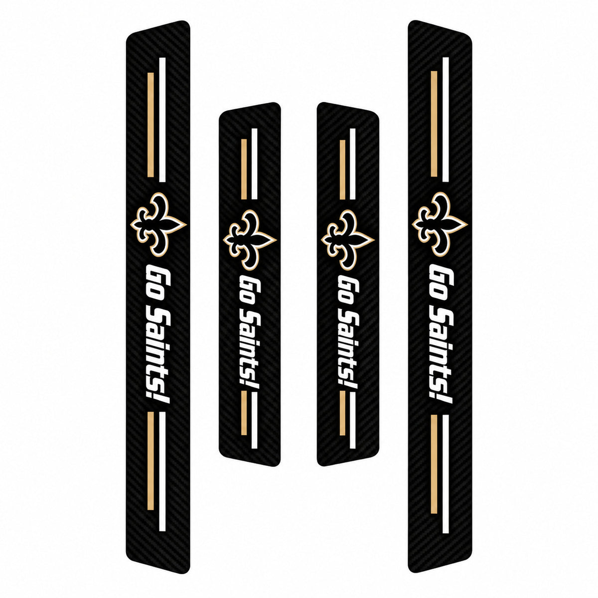 New Orleans Saints car door sill protector strips — four-piece product layout
