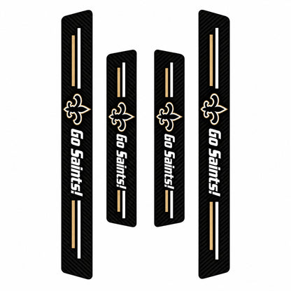 New Orleans Saints car door sill protector strips — four-piece product layout