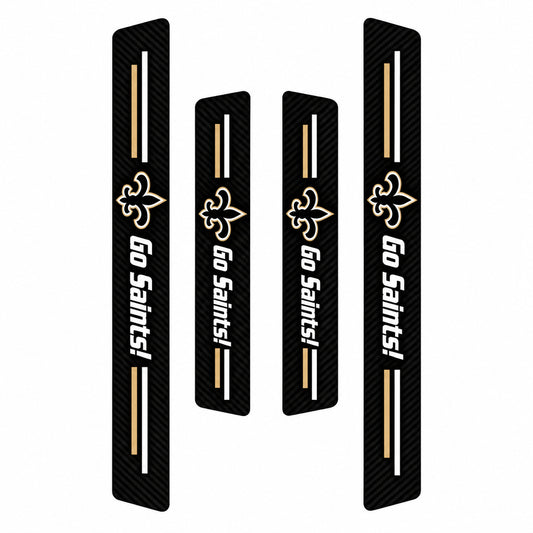 New Orleans Saints car door sill protector strips — four-piece product layout