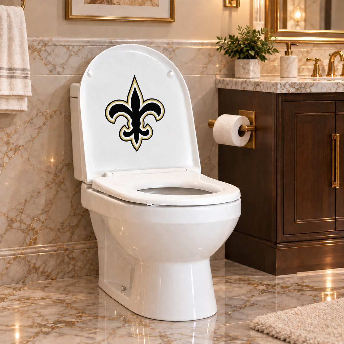 New Orleans Saints decorative sticker on the inside of a white toilet lid in a marble bathroom