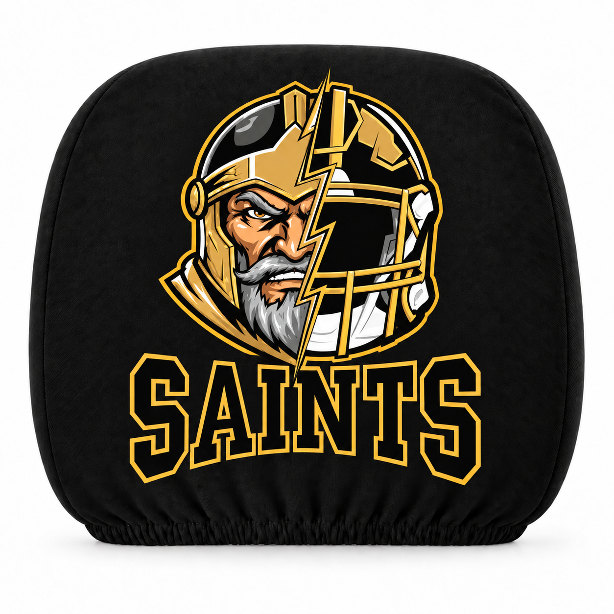 New Orleans Saints car headrest cover, Style 2 illustrated mascot design, white background