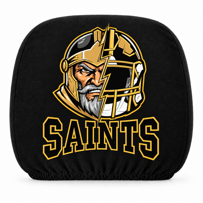 New Orleans Saints car headrest cover, Style 2 illustrated mascot design, white background