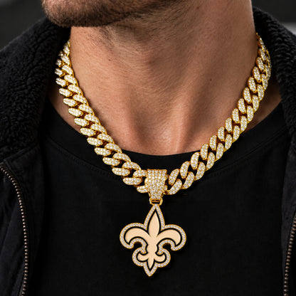 New Orleans Saints gold-tone rhinestone Cuban-link necklace, worn view