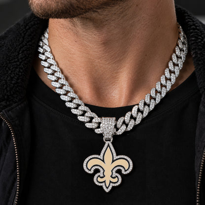 New Orleans Saints silver-tone rhinestone Cuban-link necklace, worn view