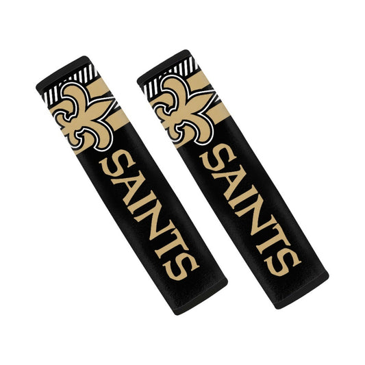 Pair of New Orleans Saints seat belt and backpack shoulder strap covers on a white background