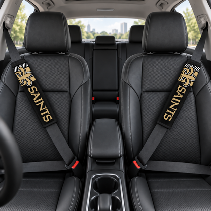 New Orleans Saints car seat belt covers shown on two front seat belts