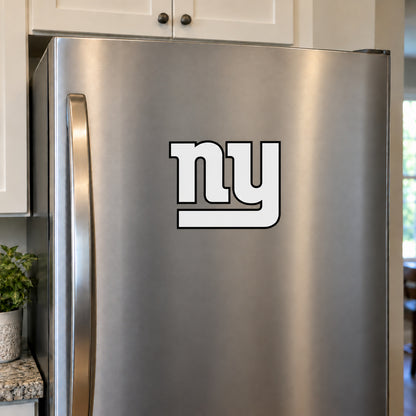 New York Giants decorative sticker displayed on a stainless-steel refrigerator