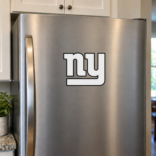 New York Giants decorative sticker displayed on a stainless-steel refrigerator