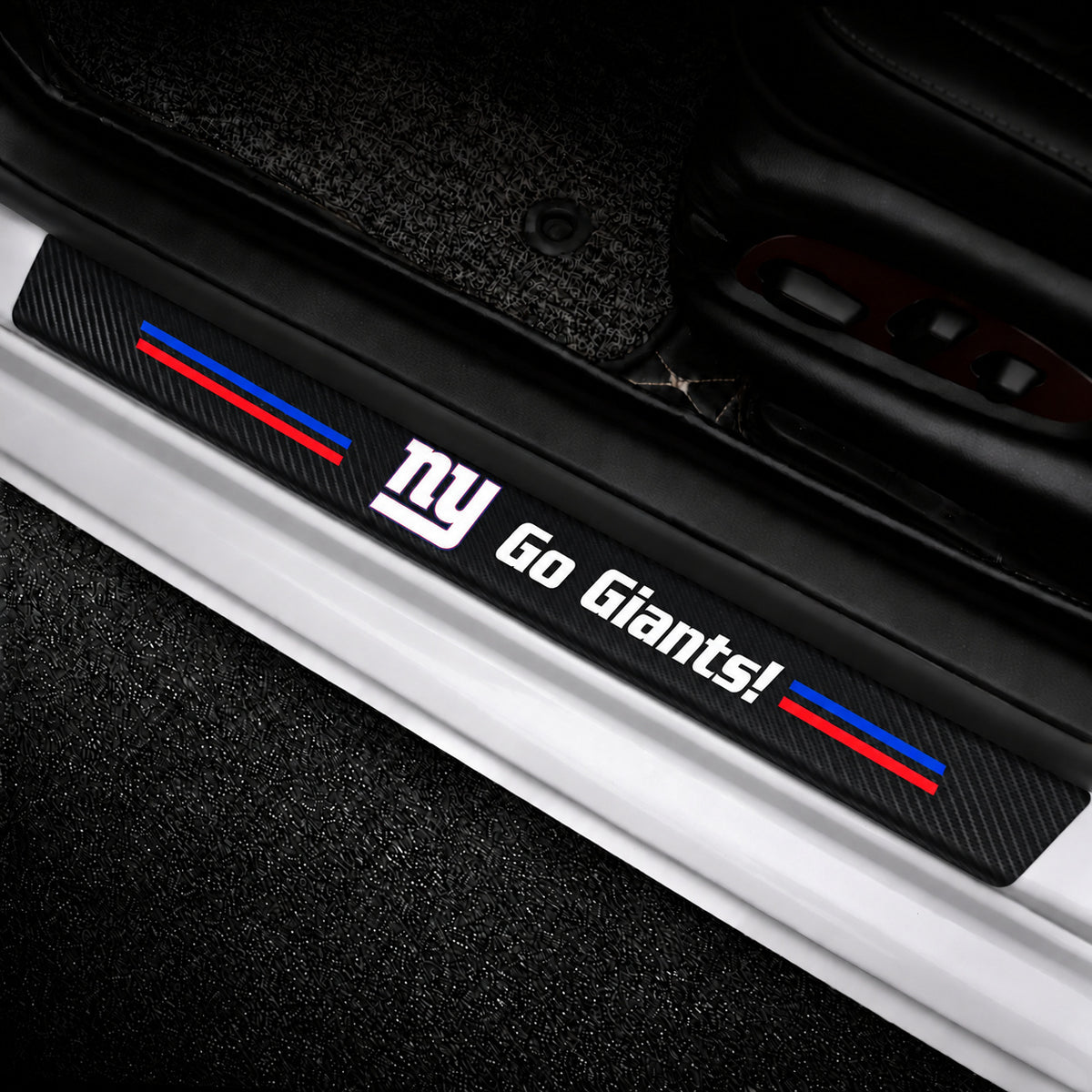 New York Giants car door sill protector strips — vehicle installation view