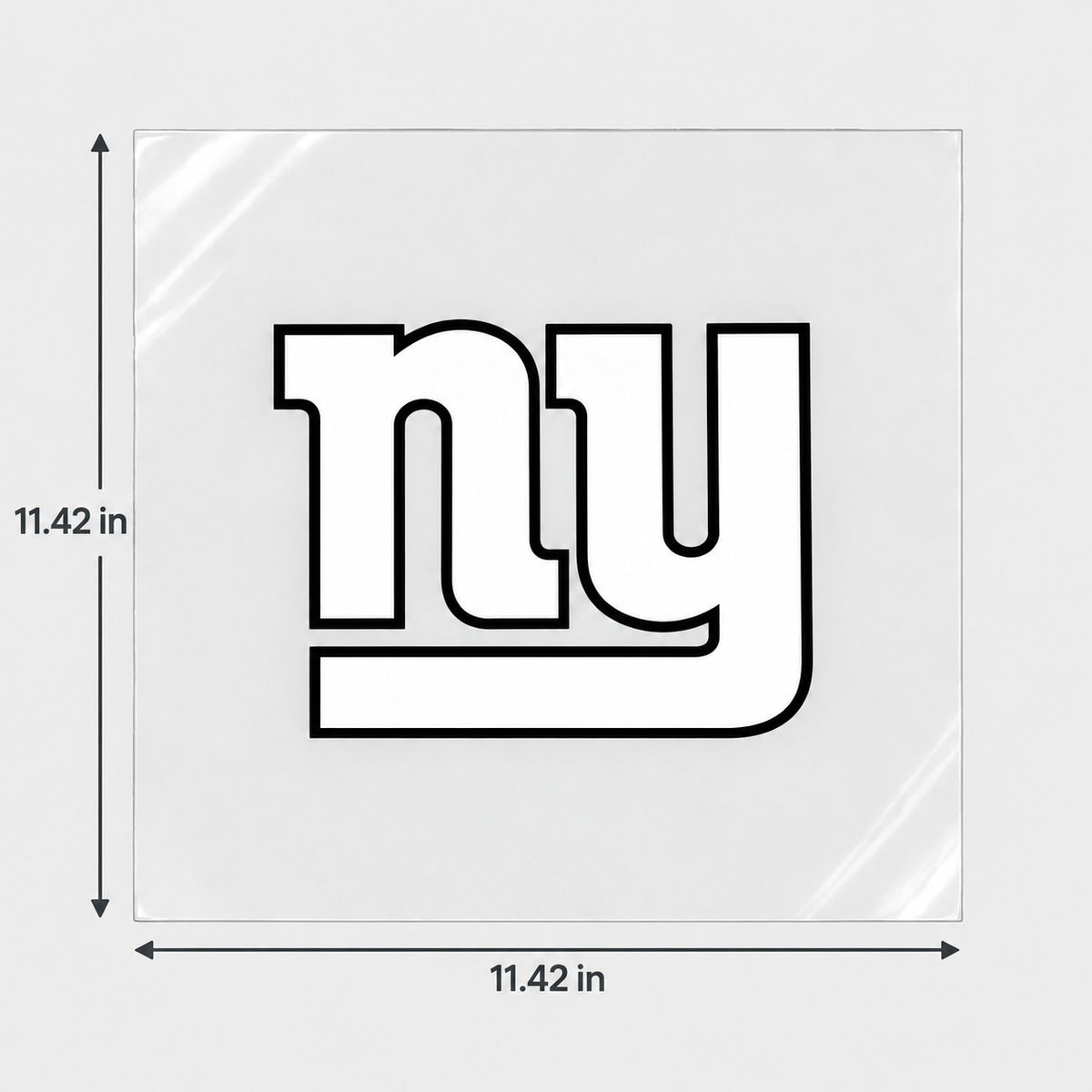 New York Giants decorative sticker displayed on clear film with size markings