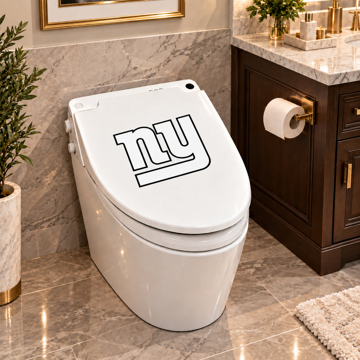 New York Giants decorative sticker on a closed white toilet lid in a marble bathroom