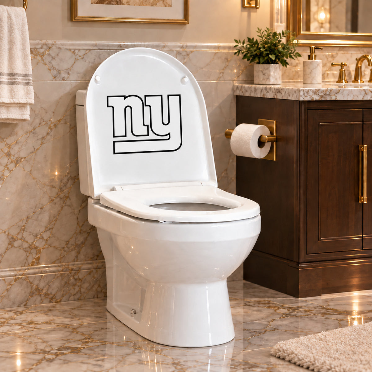 New York Giants decorative sticker on the inside of a white toilet lid in a marble bathroom