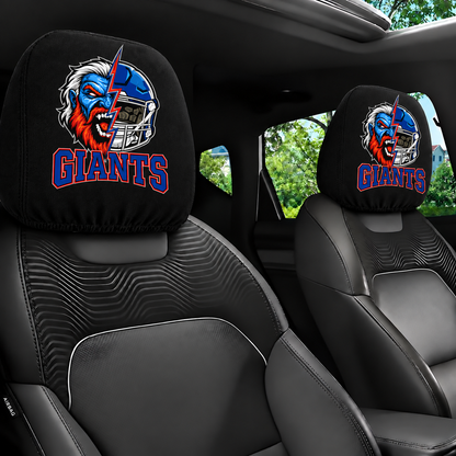 New York Giants car headrest cover, Style 2 illustrated mascot design, installed in car