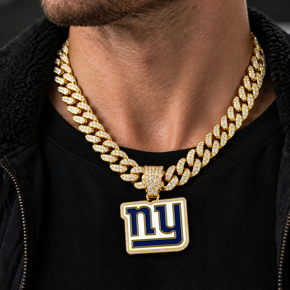 New York Giants gold-tone rhinestone Cuban-link necklace, worn view