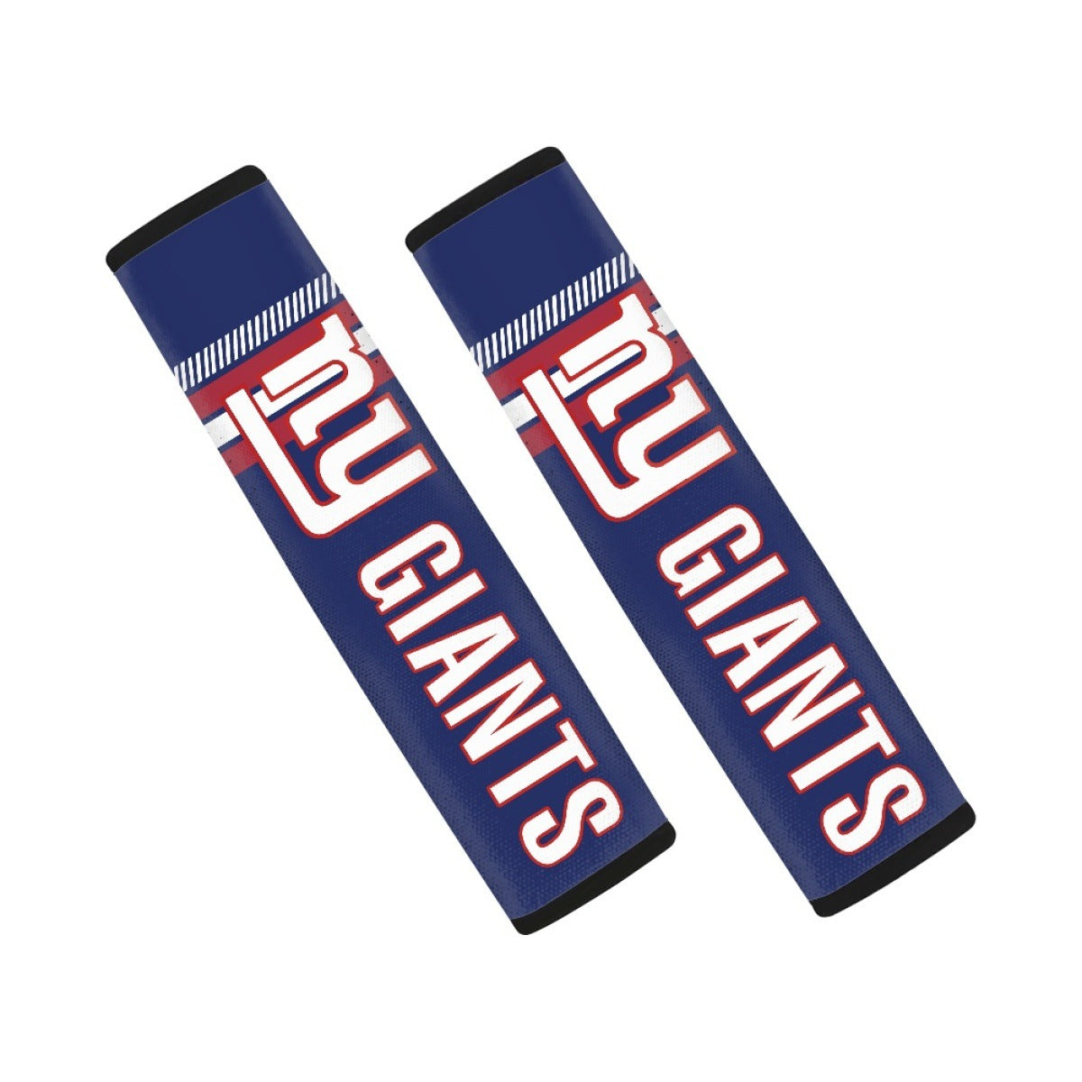 Pair of New York Giants seat belt and backpack shoulder strap covers on a white background