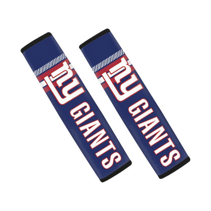Pair of New York Giants seat belt and backpack shoulder strap covers on a white background