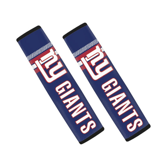 Pair of New York Giants seat belt and backpack shoulder strap covers on a white background