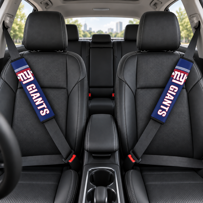 New York Giants car seat belt covers shown on two front seat belts