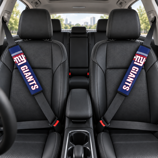New York Giants car seat belt covers shown on two front seat belts