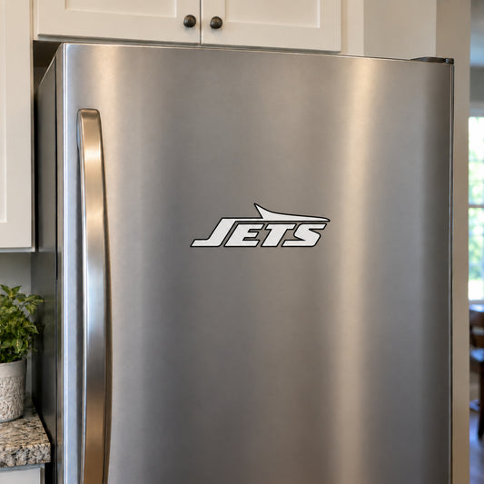 New York Jets decorative sticker displayed on a stainless-steel refrigerator