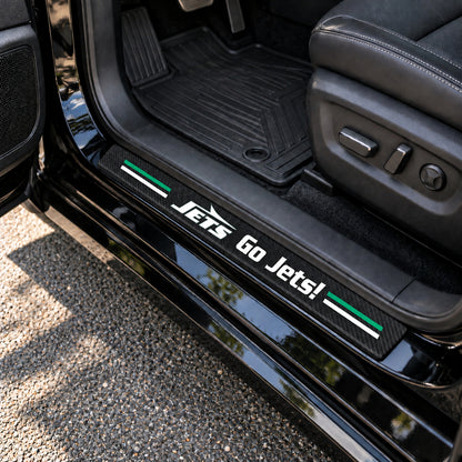 New York Jets carbon fiber texture car door sill protector strips installed on a black car