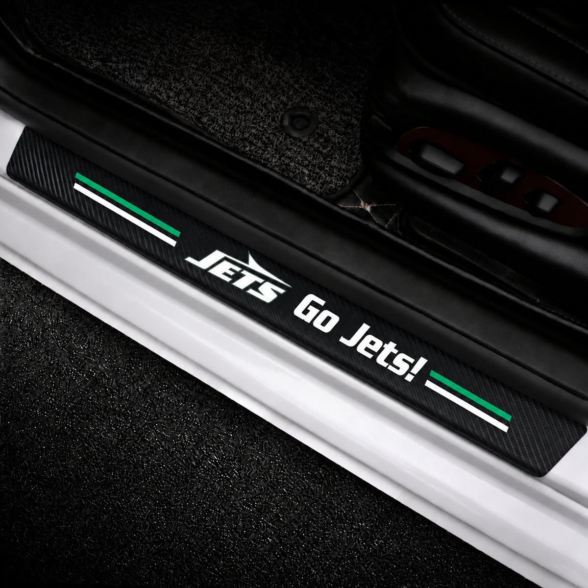 New York Jets car door sill protector strips — vehicle installation view