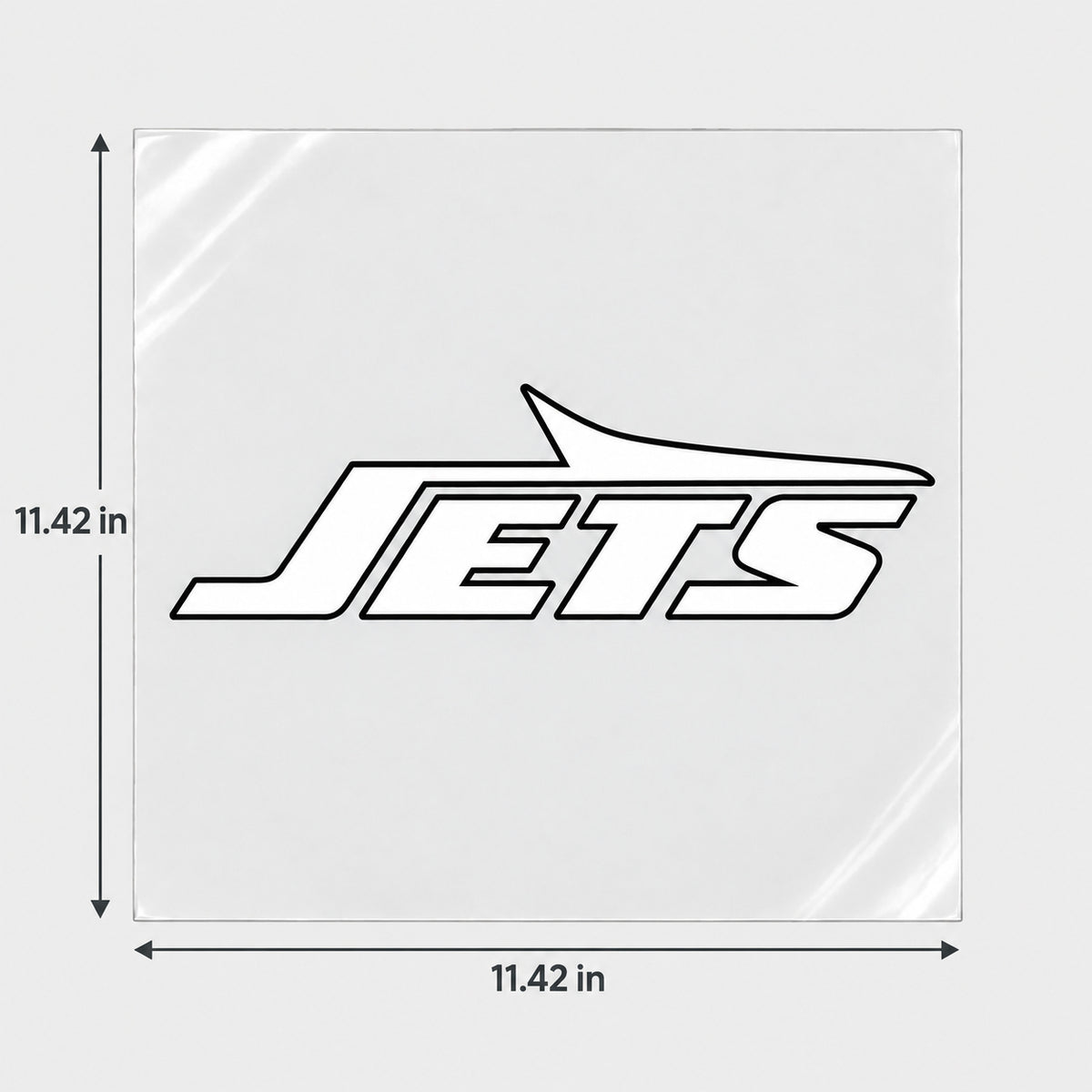 New York Jets decorative sticker displayed on clear film with size markings