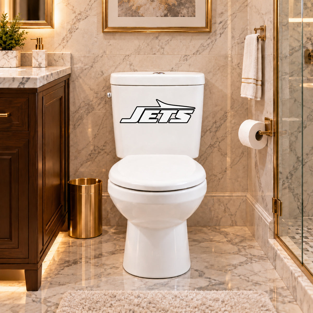 New York Jets decorative sticker on a white toilet tank in a marble bathroom