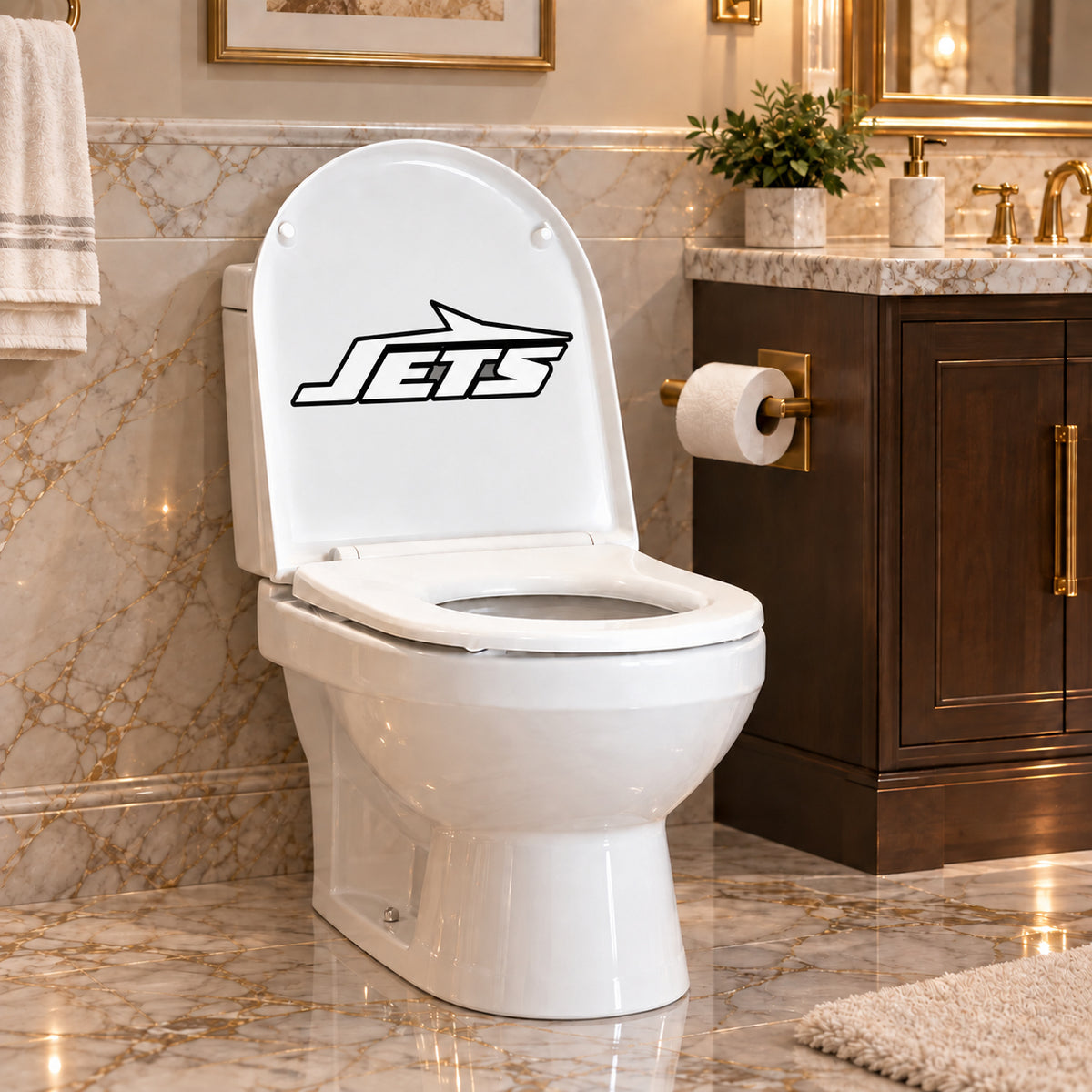 New York Jets decorative sticker on the inside of a white toilet lid in a marble bathroom