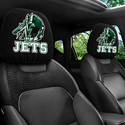 New York Jets car headrest cover, Style 2 illustrated mascot design, installed in car