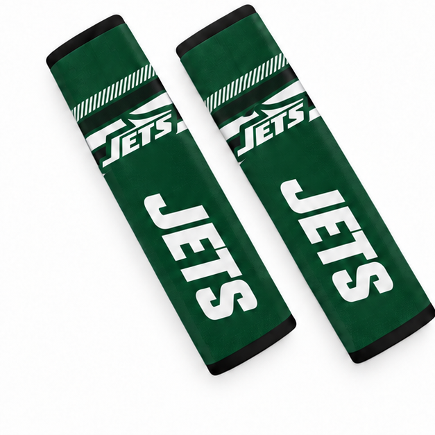 Pair of New York Jets seat belt and backpack shoulder strap covers on a white background