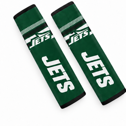 Pair of New York Jets seat belt and backpack shoulder strap covers on a white background