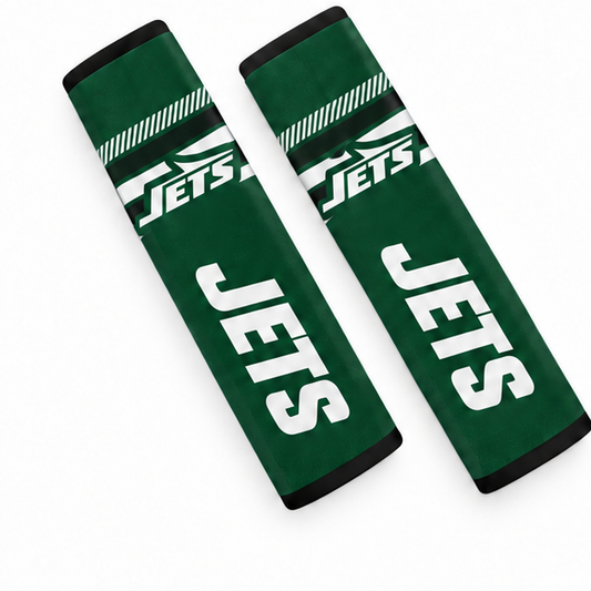 Pair of New York Jets seat belt and backpack shoulder strap covers on a white background